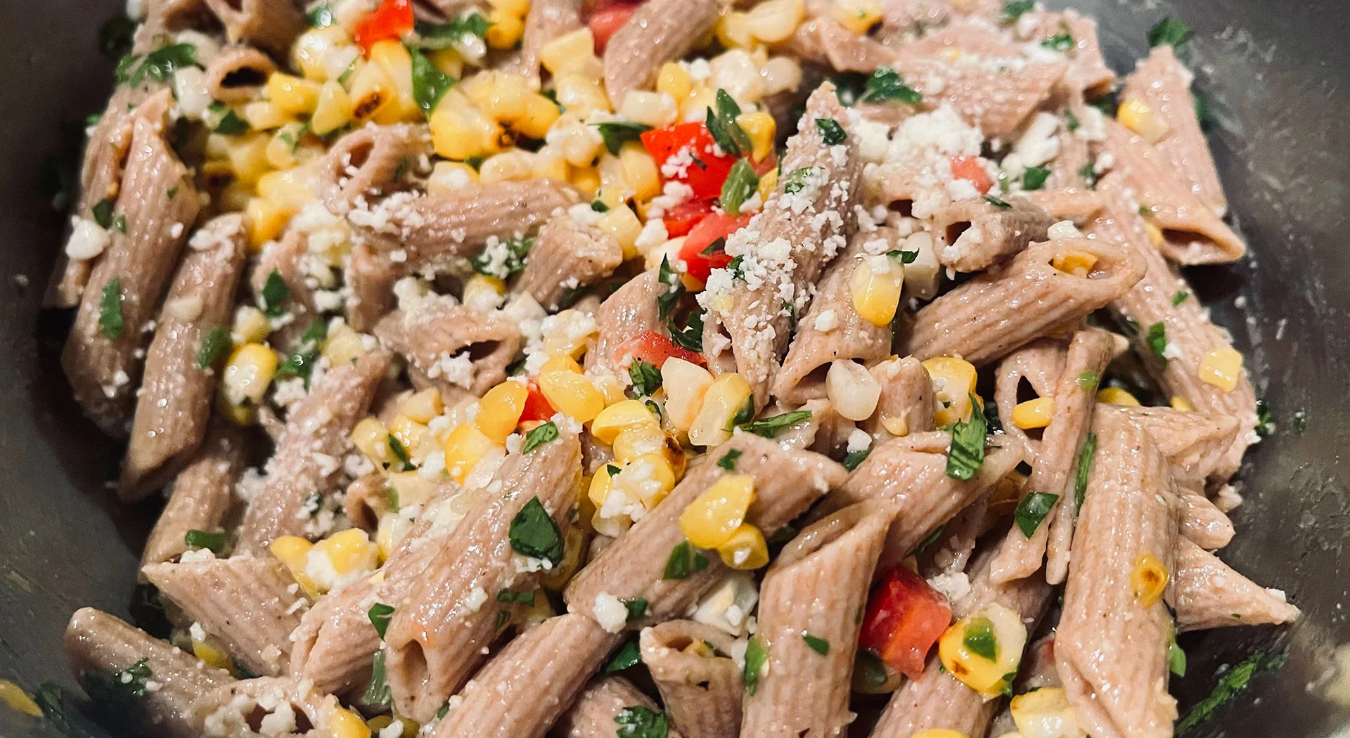 Penne & fire roasted corn salad