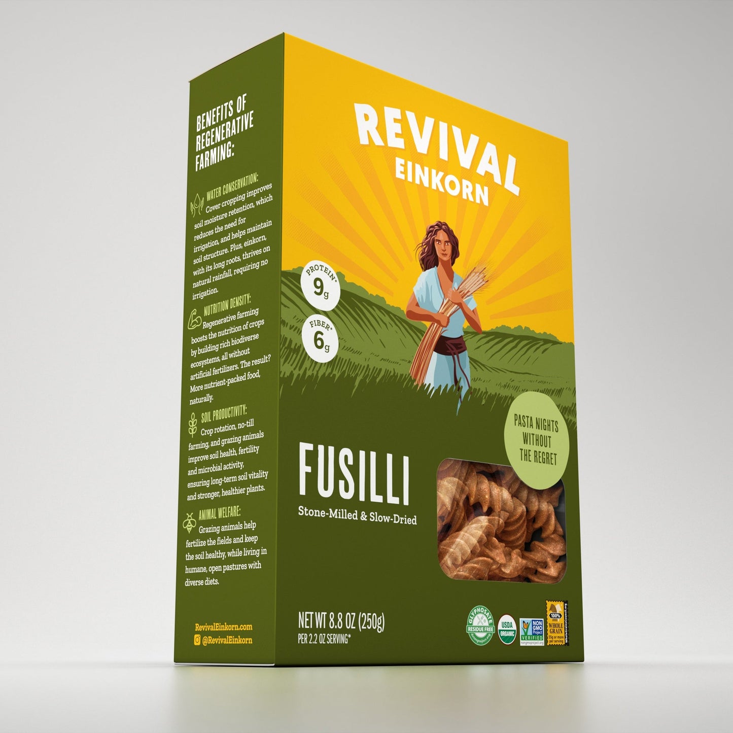 Angled view of Organic Einkorn Fusilli packaging