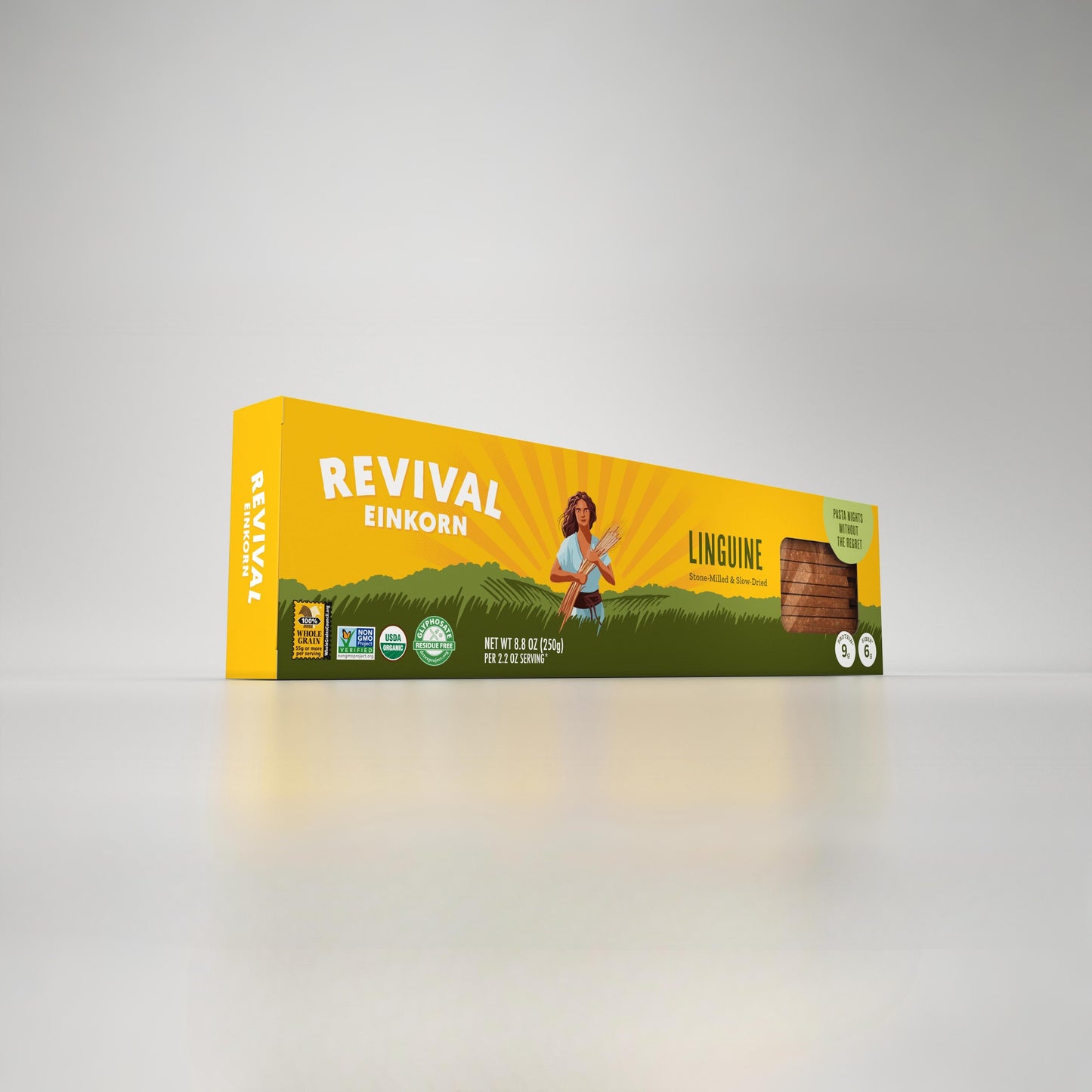 Angled view of Organic Einkorn Linguine packaging
