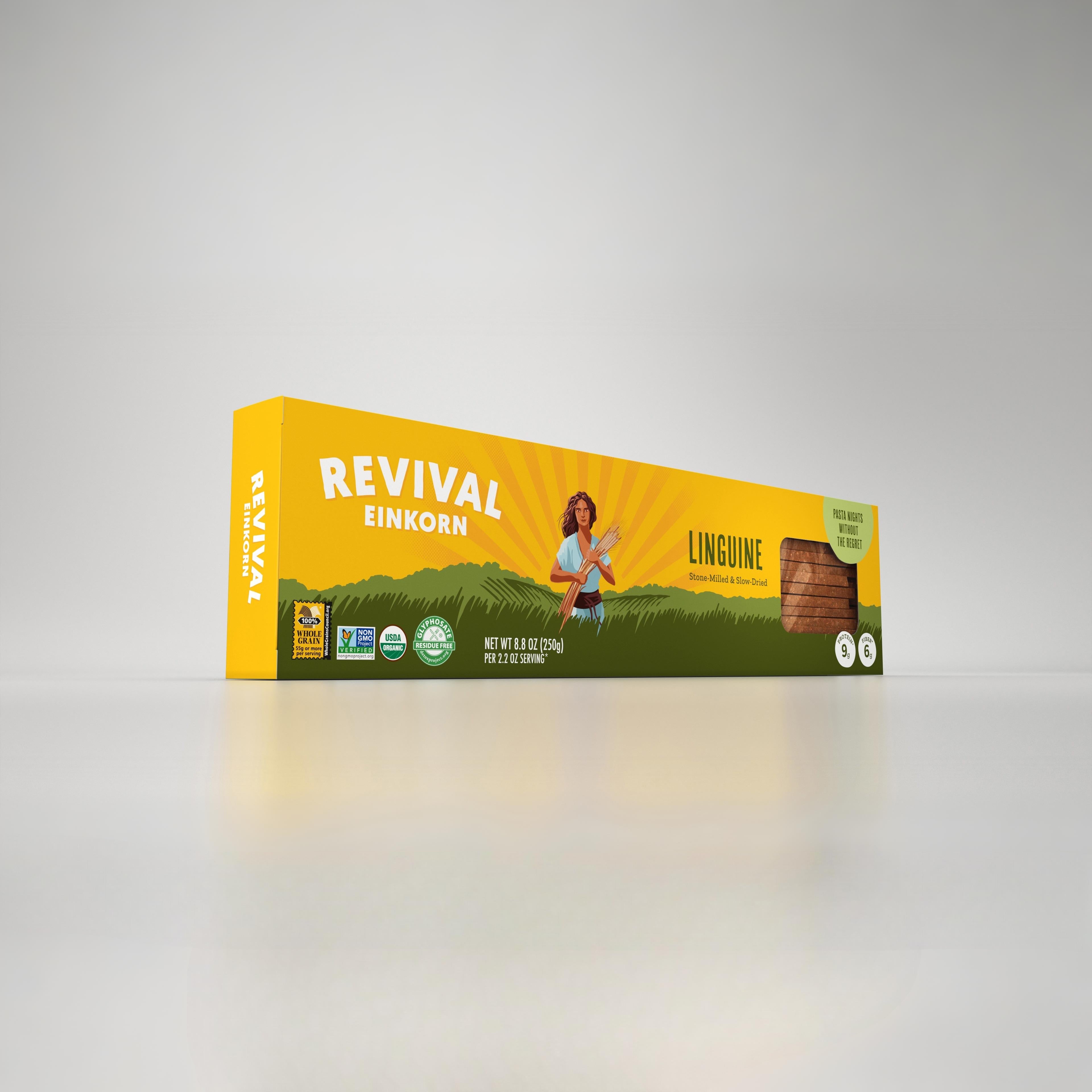 Angled view of Organic Einkorn Linguine packaging