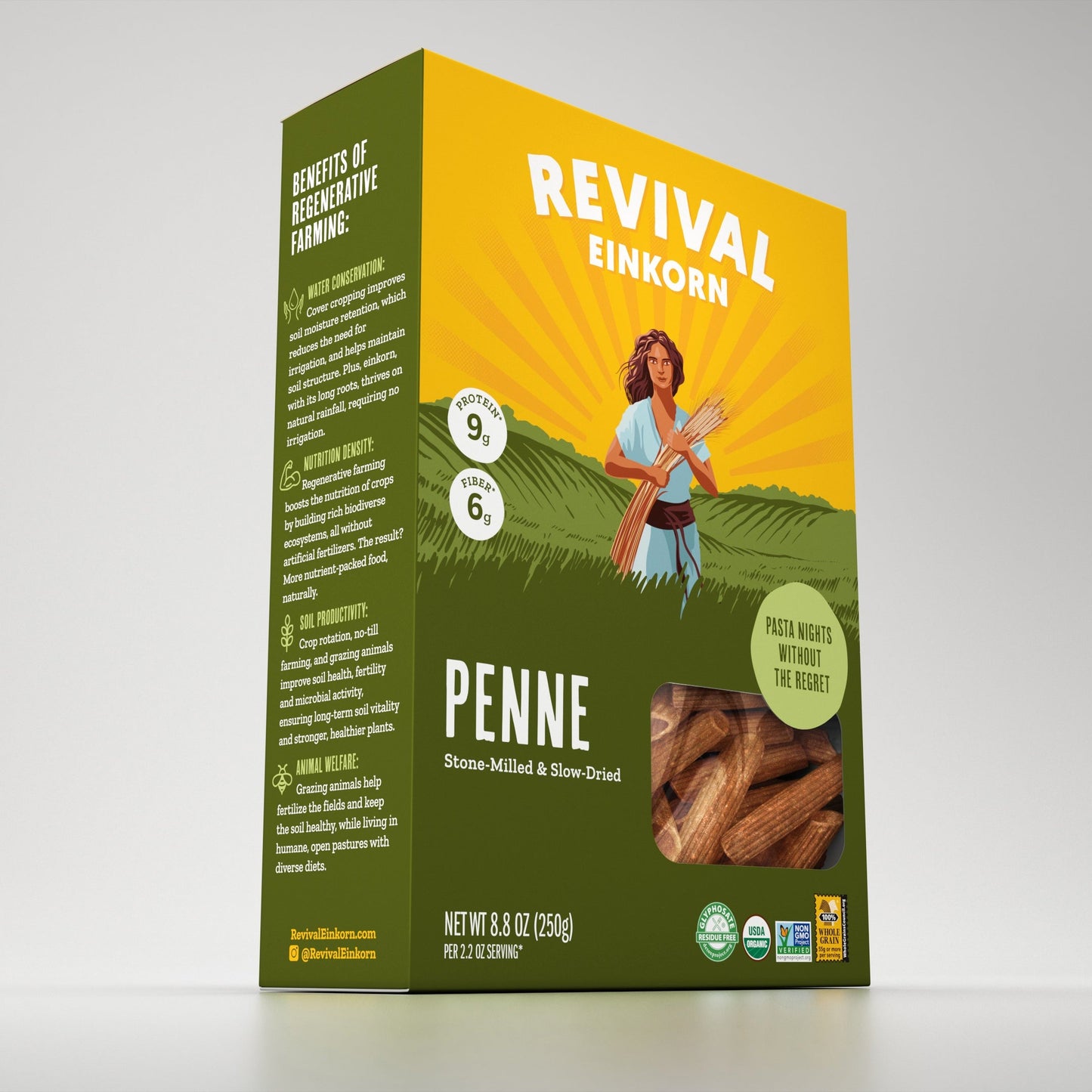 Angled view of Organic Einkorn Penne packaging