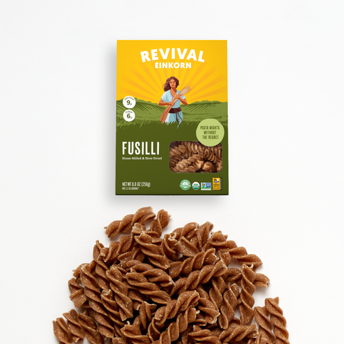 Organic Einkorn Fusilli packaging with several sample fusilli