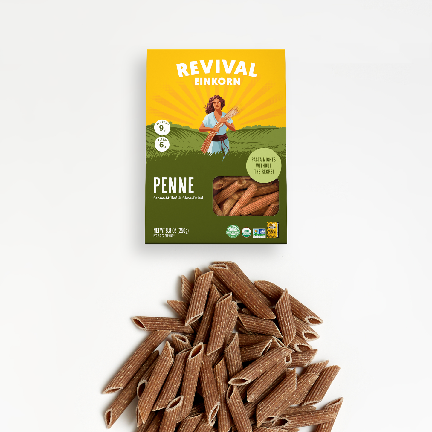 Organic Einkorn Penne packaging with several sample penne