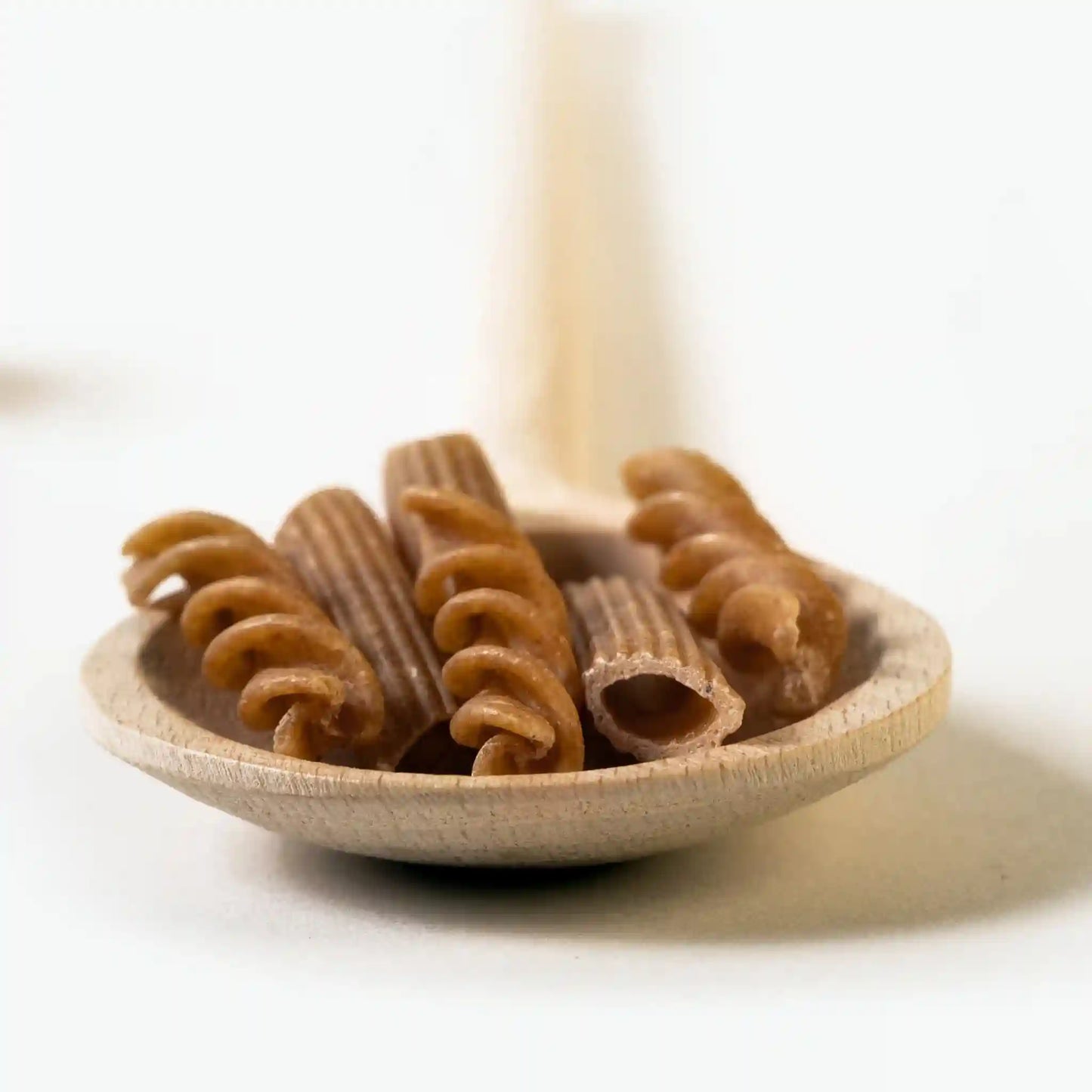 Close-up of multiple pieces of uncooked Organic Einkorn Fusilli